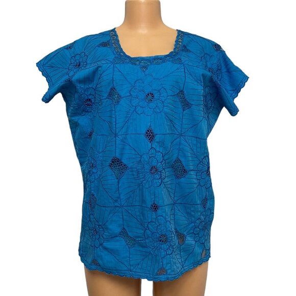 Mexican Blue Knit Embroidered Shirt Blouse Top with Camisole 2 Piece Set Size M - Picture 8 of 16